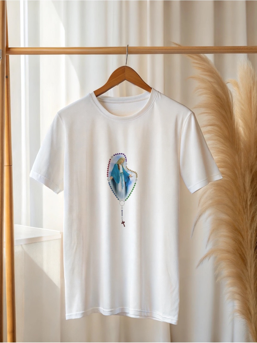 Virgin Mary Rosary T-Shirt Catholic Christian Faith Religious Tee